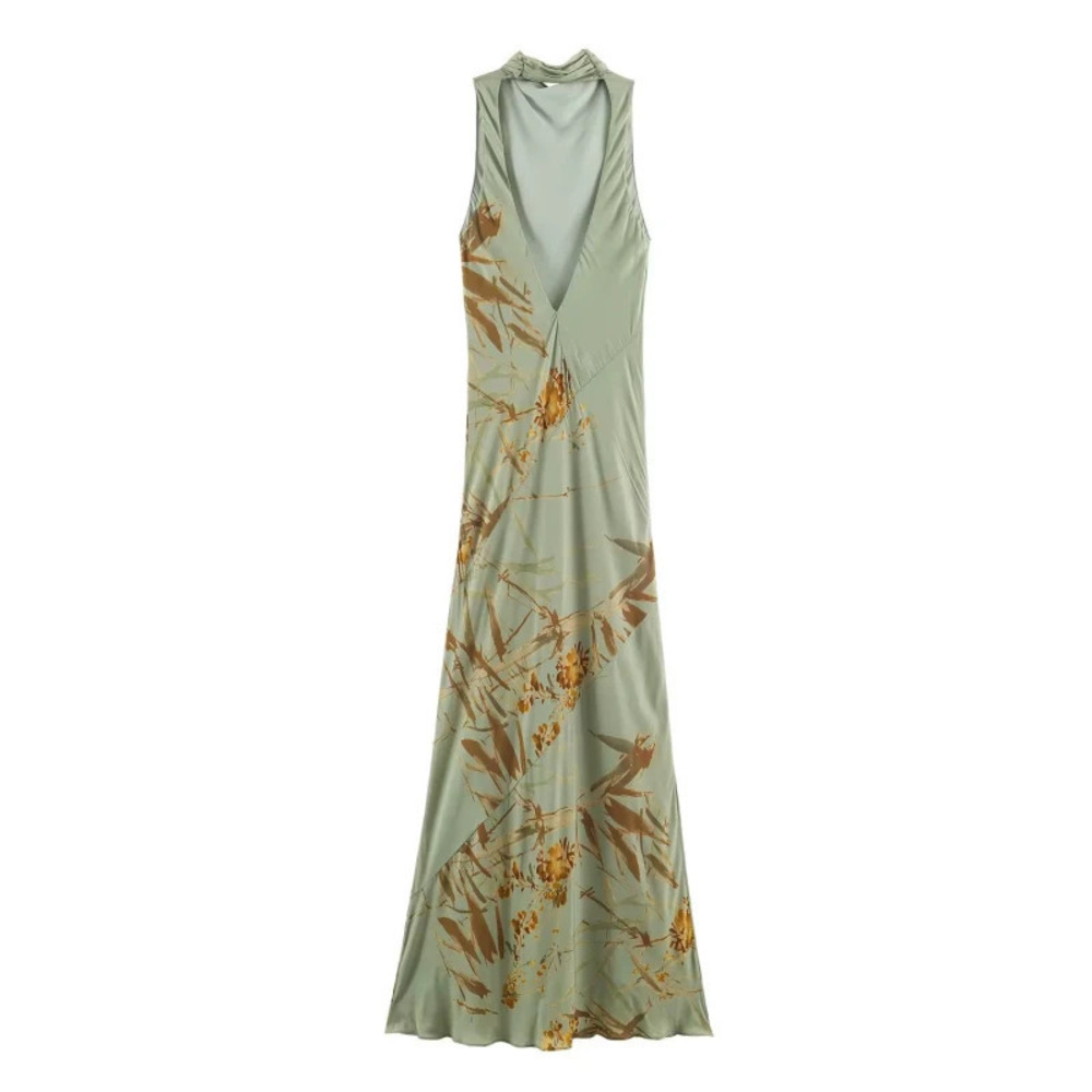 ZARA Sexy Vintage Print Halter Backless Slim Fit Dress